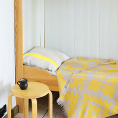 Lapuan Kankurit HUVILA blanket beige-yellow and USVA cushion cover linen-yellow