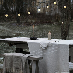 Lapuan Kankurit USVA tablecloth-blanket linen-white, MONO towel linen and MARIA pocket shawl grey-white