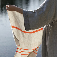 Lapuan Kankurit USVA towel linen-orange and KASTE bathrobe grey