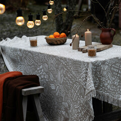 Lapuan Kankurit VERANTA tablecloth-blanket white-linen and UNI pocket shawl cinnamon and chocolate
